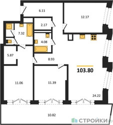Планировка трехкомнатной(квартира) площадью 103.8 квадратных метров в ЖК “ЖК Republic (Репаблик)”