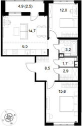 Планировка трехкомнатной(квартира) площадью 67.6 квадратных метров в ЖК “ЖК 1-й Химкинский (Первый Химкинский)”