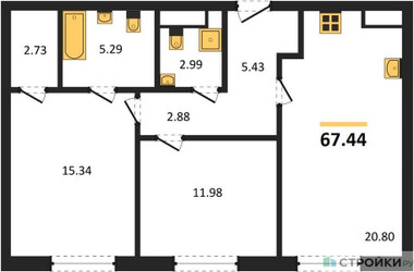 Планировка двухкомнатной(квартира) площадью 67.44 квадратных метров в ЖК “ЖК Sezar City (Сезар Сити)”