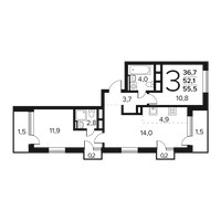 Планировка трехкомнатной(квартира) площадью 55.5 квадратных метров в “Новые Ватутинки. Заречный”