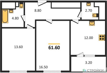 Планировка двухкомнатной(квартира) площадью 61.6 квадратных метров в ЖК “ЖК Режиссер”