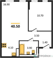Планировка однокомнатной(квартира) площадью 40.5 квадратных метров в “ЖК Молжаниново”