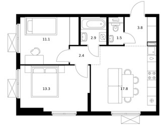 Планировка двухкомнатной(квартира) площадью 52.8 квадратных метров в ЖК “ЖК Волжский Парк”