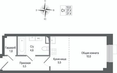 Планировка студии(квартира) площадью 27.4 квадратных метров в ЖК “ЖК КИНОКВАРТАЛ”