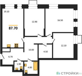 Планировка трехкомнатной(квартира) площадью 87.7 квадратных метров в ЖК “ЖК Первый Московский”
