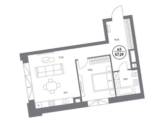 Планировка однокомнатной(квартира) площадью 57.4 квадратных метров в ЖК “ЖК Клубный дом КОСМО 4/22”