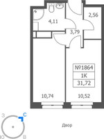 Планировка однокомнатной(апартаменты) площадью 31.72 квадратных метров в “ЖК Волковская 67”