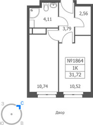 Планировка однокомнатной(апартаменты) площадью 31.72 квадратных метров в ЖК “ЖК Волковская 67”
