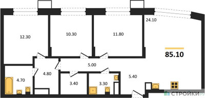 Планировка трехкомнатной(квартира) площадью 85.1 квадратных метров в ЖК “ЖК Резиденции Сколково”