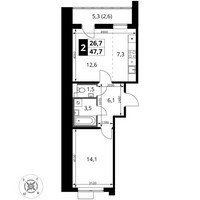 Планировка двухкомнатной(квартира) площадью 47.7 квадратных метров в “ЖК 1-й Шереметьевский (Первый Шереметьевский)”