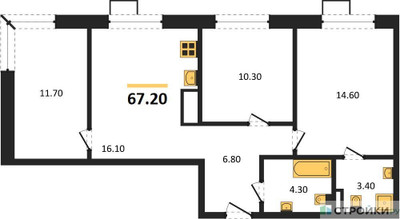 Планировка трехкомнатной(квартира) площадью 67.2 квадратных метров в ЖК “ЖК Foreville (Форевилль)”