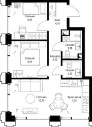 Планировка двухкомнатной(квартира) площадью 52 квадратных метров в ЖК “ЖК СЕТ”