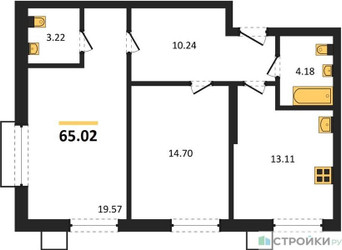 Планировка двухкомнатной(квартира) площадью 65.02 квадратных метров в ЖК “ЖК Бархат”