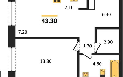 Планировка однокомнатной(апартаменты) площадью 43.3 квадратных метров в ЖК “ЖК Верейская 41”