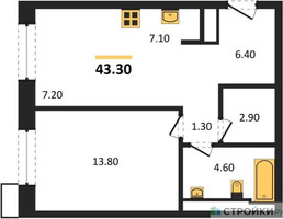 Планировка однокомнатной(апартаменты) площадью 43.3 квадратных метров в “ЖК Верейская 41”