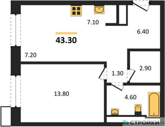 Планировка однокомнатной(апартаменты) площадью 43.3 квадратных метров в ЖК “ЖК Верейская 41”