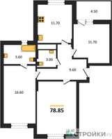 Планировка трехкомнатной(квартира) площадью 78.85 квадратных метров в “ЖК ВОСТОК II”