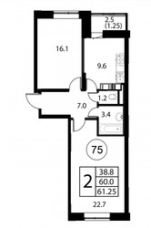 Планировка двухкомнатной(квартира) площадью 61.2 квадратных метров в ЖК “ЖК Космос”