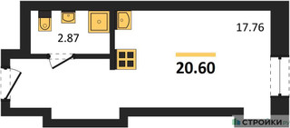 Планировка студии(апартаменты) площадью 20.6 квадратных метров в “ЖК М1 Сколково”