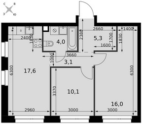 Планировка трехкомнатной(квартира) площадью 56.1 квадратных метров в ЖК “ЖК Симоновский вал”