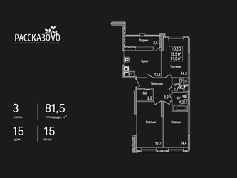 Планировка трехкомнатной(квартира) площадью 81.5 квадратных метров в ЖК “ЖК Рассказово”