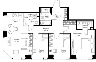 Планировка трехкомнатной(квартира) площадью 80.77 квадратных метров в “Мультиквартал СИТИДЗЕН”