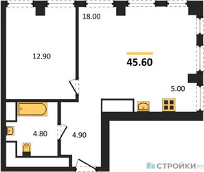 Планировка однокомнатной(апартаменты) площадью 45.6 квадратных метров в “ЖК Emotion (Эмоушен)”
