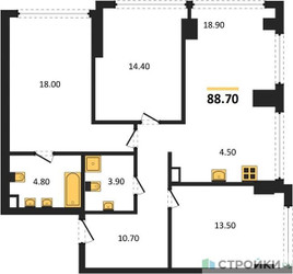 Планировка трехкомнатной(квартира) площадью 88.7 квадратных метров в ЖК “ЖК River Park Кутузовский (Ривер Парк Тауэрс)”