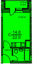 Планировка студии(квартира) площадью 22 квадратных метров в ЖК “ЖК Березовая роща”