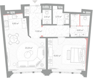 Планировка однокомнатной(квартира) площадью 74.4 квадратных метров в ЖК “ЖК Николь”
