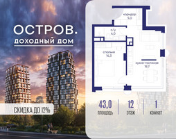 Планировка однокомнатной(квартира) площадью 43.02 квадратных метров в “ЖК Остров”