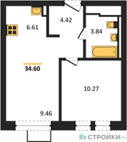 Планировка однокомнатной(квартира) площадью 34.6 квадратных метров в “ЖК Квартал Ивакино”
