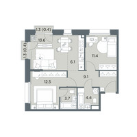 Планировка трехкомнатной(квартира) площадью 61.6 квадратных метров в “ЖК Станиславский”
