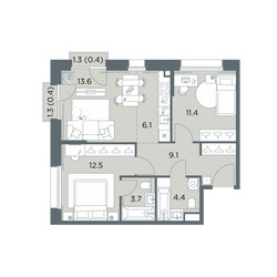 Планировка трехкомнатной(квартира) площадью 61.6 квадратных метров в ЖК “ЖК Станиславский”