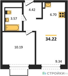 Планировка однокомнатной(квартира) площадью 34.22 квадратных метров в ЖК “ЖК Квартал Марьино”