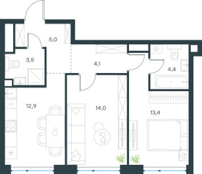 Планировка двухкомнатной(квартира) площадью 57.3 квадратных метров в ЖК “ЖК Левел Мичуринский”
