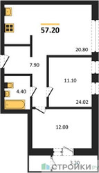 Планировка двухкомнатной(квартира) площадью 57.2 квадратных метров в ЖК “ЖК Лесная Отрада”