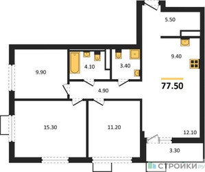 Планировка трехкомнатной(квартира) площадью 77.5 квадратных метров в ЖК “ЖК Дзен-кварталы”