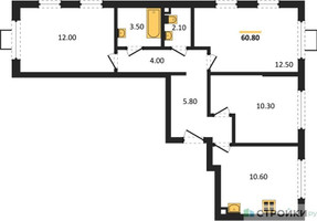 Планировка трехкомнатной(квартира) площадью 60.8 квадратных метров в “ЖК Лучи-2”