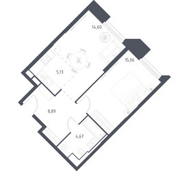 Планировка однокомнатной(апартаменты) площадью 48.35 квадратных метров в ЖК “ЖК Скай Спутник”