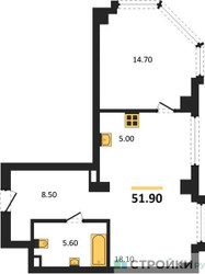 Планировка однокомнатной(квартира) площадью 51.9 квадратных метров в ЖК “ЖК АУРА”
