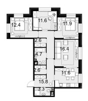 Планировка 4+ комнатной(квартира) площадью 93.1 квадратных метров в “ЖК Театральный квартал”