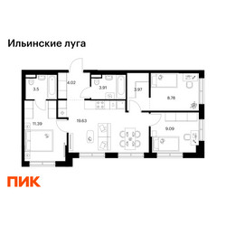 Планировка трехкомнатной(квартира) площадью 64.29 квадратных метров в ЖК “ЖК Ильинские луга”