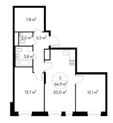 Планировка двухкомнатной(квартира) площадью 64.9 квадратных метров в ЖК “ЖК Первый Московский”