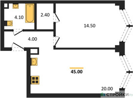 Планировка однокомнатной(квартира) площадью 45 квадратных метров в “ЖК ЗИЛАРТ”