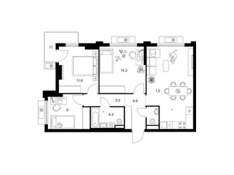 Планировка трехкомнатной(квартира) площадью 74.3 квадратных метров в ЖК “ЖК Белая Дача парк”