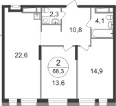 Планировка двухкомнатной(квартира) площадью 68.3 квадратных метров в “ЖК Первый Московский”