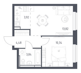 Планировка однокомнатной(квартира) площадью 36.4 квадратных метров в ЖК “ЖК Новое Видное”