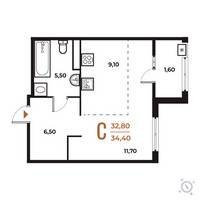 Планировка студии(квартира) площадью 34.4 квадратных метров в “ЖК Новое Летово”