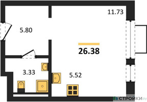 Планировка студии(квартира) площадью 26.38 квадратных метров в “ЖК Новое Видное”